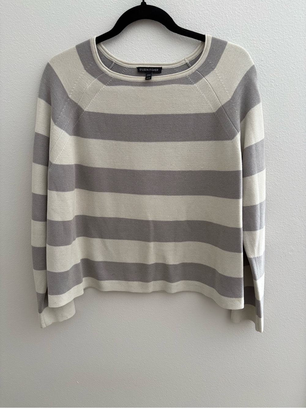 EILEEN FISHER Cream and Light Gray Striped Knit Top